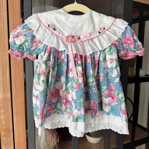 Vintage 1980s Floral Eyelet Ruffle heirloom Toddler Dress bow Ribbon rosettes